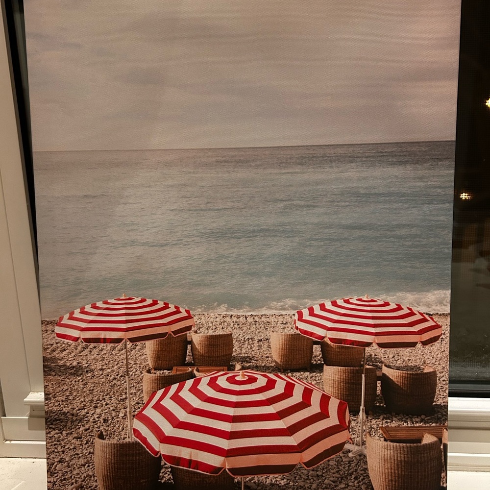 Beach Canvas Art with Red and White Umbrellas